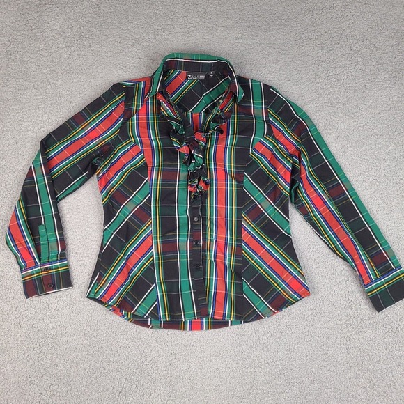 NY & Co 7th Avenue Shirt Womens Medium Plaid Ruffle Retro V neck Button Down - Picture 1 of 15